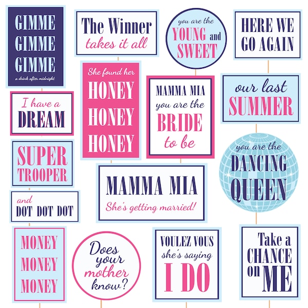 Mamma Mia Bachelorette party photo booth props Disco Bridal shower Abba Hen party decorations printable photo booth props Dancing Queen