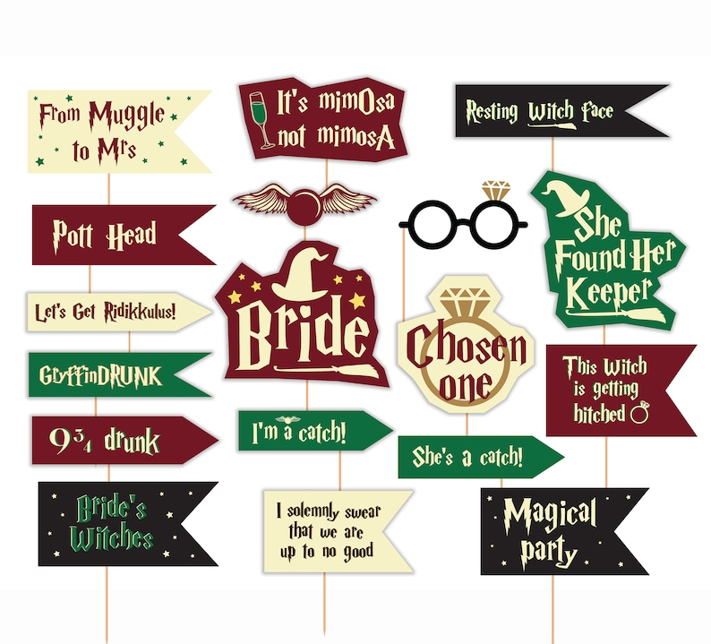 May include: A set of 14 printable Harry Potter themed party props for a bridal shower. The props feature phrases like "Bride", "Chosen One", "She Found Her Keeper", and "Magical Party".