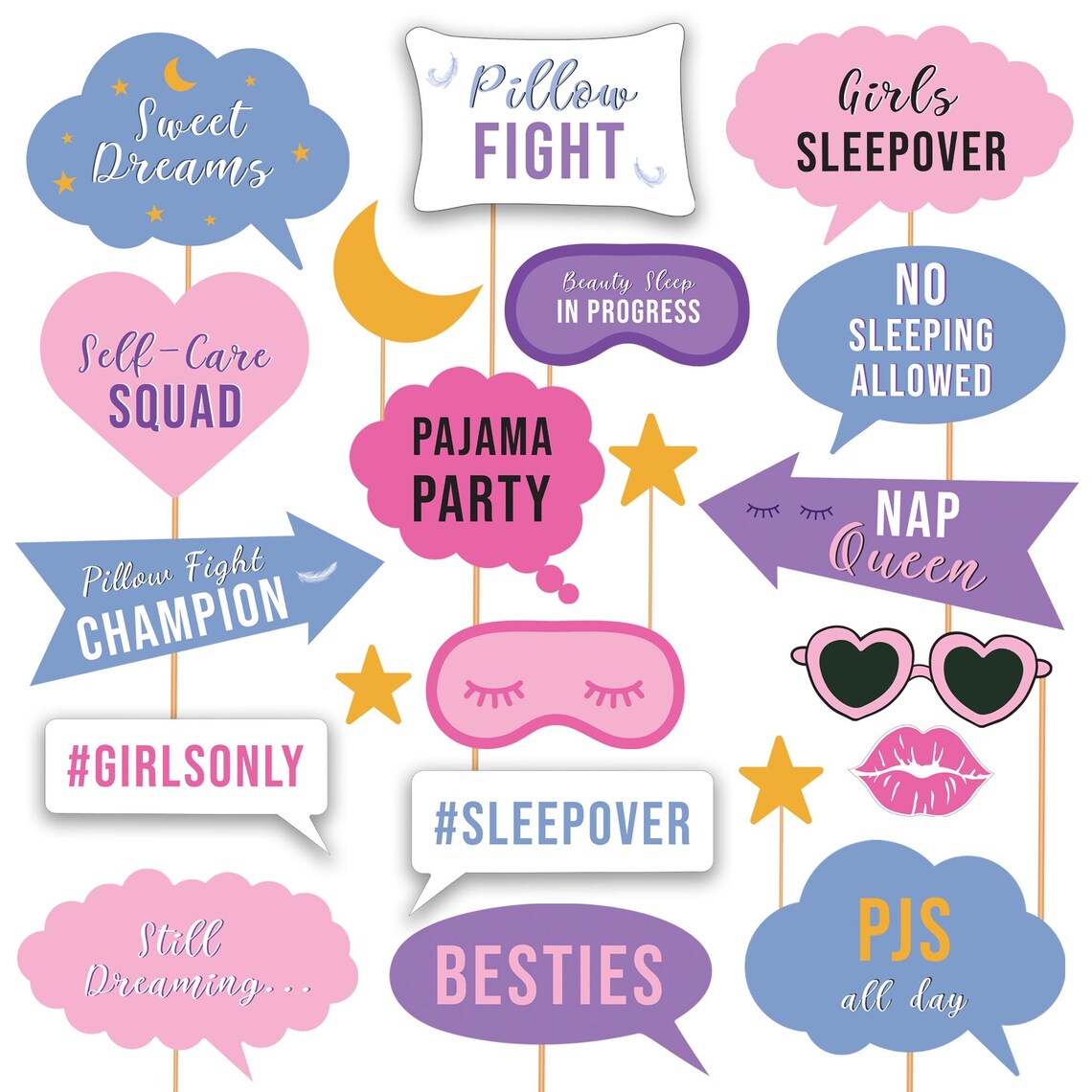 Sleepover Party Photo Booth Props, Pajama Party Decor Printable, Girls ...