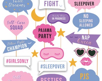 May include: A set of 14 colorful photo booth props with phrases related to a girls' sleepover party. The props include phrases like "Sweet Dreams", "Pillow Fight", "Pajama Party", "Nap Queen", and "Best Friends".
