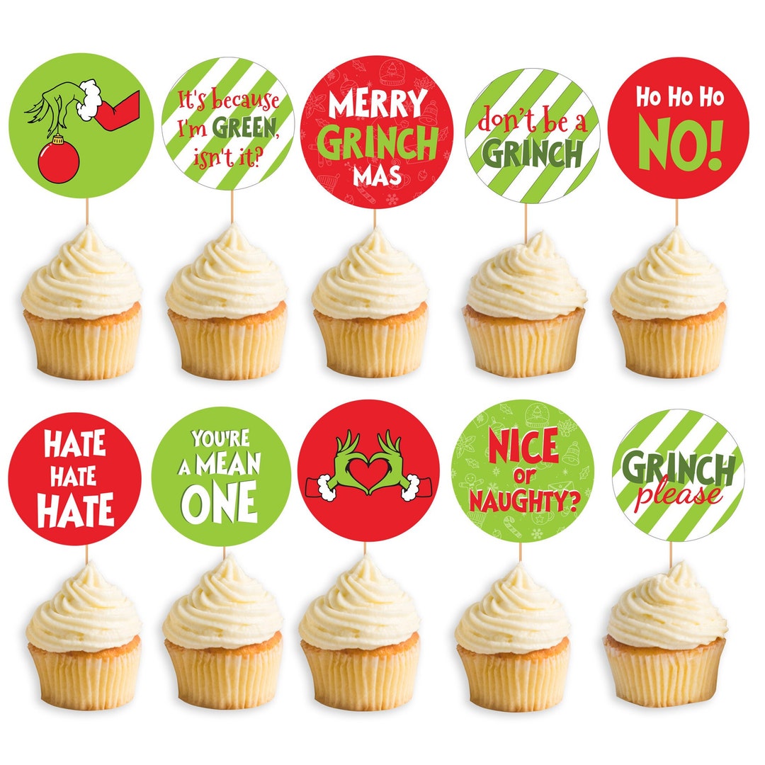Grinch Cupcake Toppers, Printable Grinch Christmas Decorations, Merry