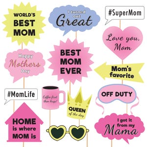 Accessori per Photo Booth per la Festa della Mamma, stampabili, decorazioni fai da te per la Festa della Mamma, divertenti accessori per Photo Booth per la Festa della Mamma, cartello "La migliore mamma di sempre"