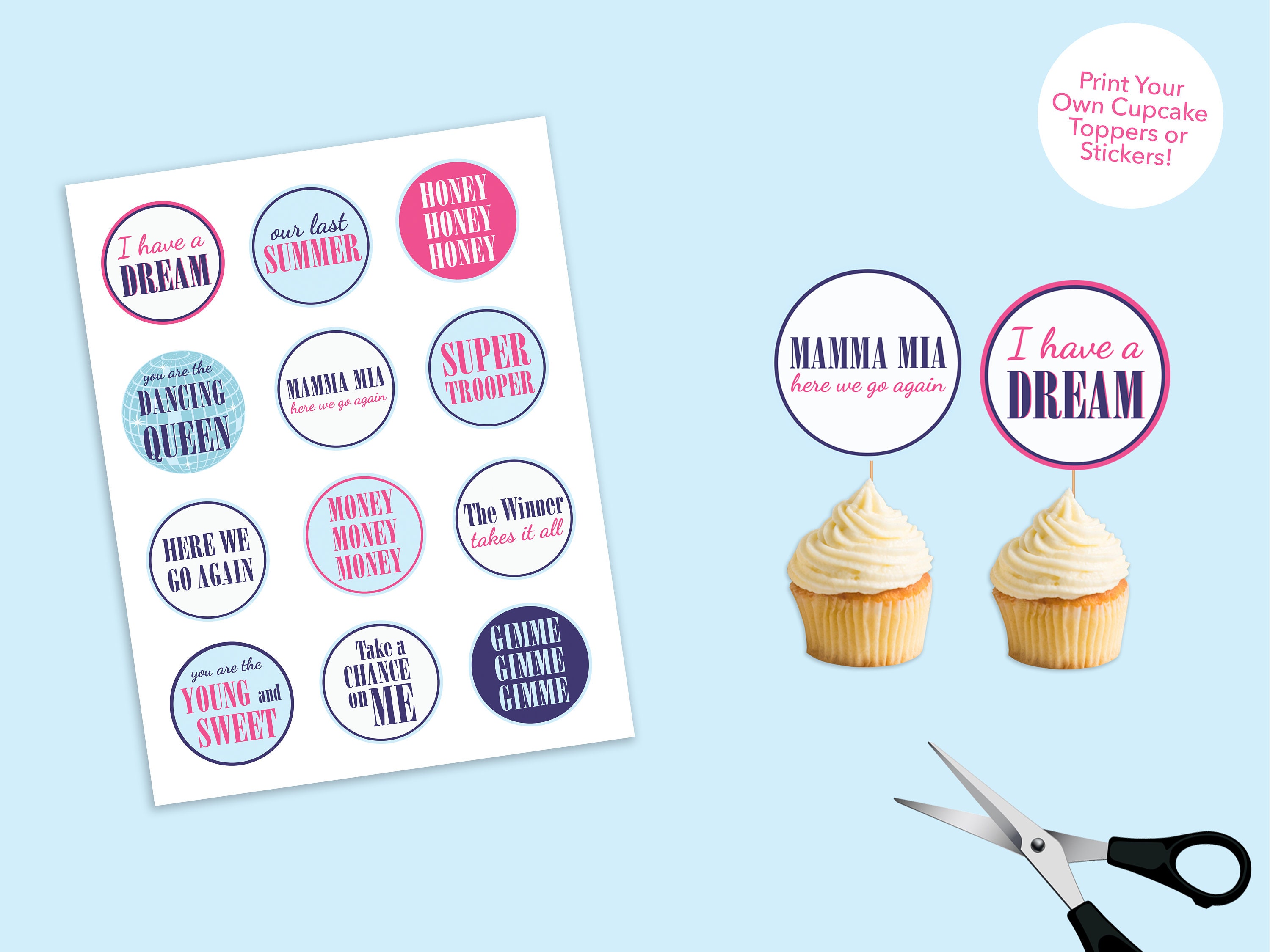 Mamma Mia Cupcake Toppers, ABBA Printable Decorations, Mamamia Birthday ...