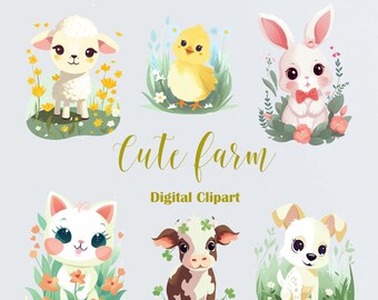 Cute Farm Clipart, Farm Animals Digital Clipart, PNG, Farm baby clipart, Cuteanimals, Animals Clipart, cat, dog, chicken, lamb, calf, rabbit