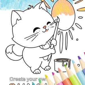 May include: A white cat with a paintbrush is painting a yellow sun with orange rays. The cat is smiling and has a happy expression. The text "Create your own SUNSHINE!" is at the bottom of the image. There are colored pencils in the bottom right corner of the image.