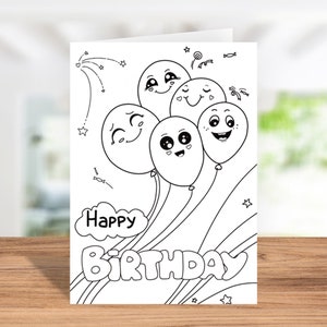Carte de coloriage de téléchargement instantané, carte de voeux numérique, carte de voeux de coloriage avec des ballons - joyeux anniversaire