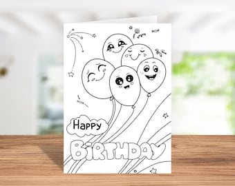 Instant Download Coloring Card, Digital Greeting Card, Coloring Greeting Card  with Balloons -  Happy Birthday