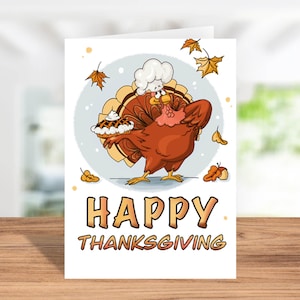 Carte de voeux numérique à téléchargement immédiat avec une dinde amusante tenant une délicieuse tarte - Joyeux Thanksgiving !