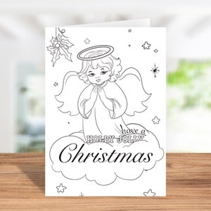 Instant Download Coloring Card, Digital Greeting Card, Coloring Greeting Card -  Have a Holly Jolly Christmas with Cute Angel!