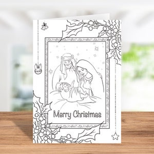 Sofort Download, Ausmalbild, Digitale Grußkarte, Ausmalbild - Have a Merry Christmas with Joseph, Maria and Jesus!