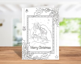 Instant Download Coloring Card, Digital Greeting Card, Coloring Greeting Card -  Have a Merry Christmas with Joseph, Maria and Jesus!