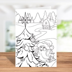Instant Download Coloring Card, Digital Greeting Card, Coloring Greeting Card -   Christmas tree with Cute Gnome!