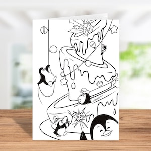 Instant Download Coloring Card, Digital Greeting Card, Coloring Greeting Card - Funny Christmas Penguins!