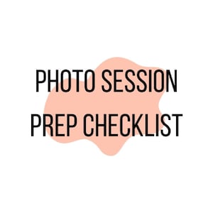 Puede incluir: Una forma abstracta rosa y blanca con el texto "PHOTO SESSION PREP CHECKLIST" en negro.