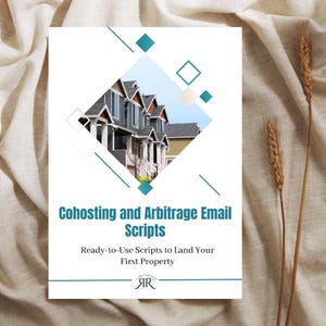 May include: A white and blue brochure with a photo of a row of houses. The brochure title is "Cohosting and Arbitrage Email Scripts". The text below the title reads "Ready-to-Use Scripts to Land Your First Property".