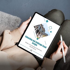 May include: A digital tablet displaying a document titled "Cohosting and Arbitrage Email Scripts". The document features a teal and white color scheme and a photo of a house. The text reads "Ready-to-Use Scripts to Land Your First Property".