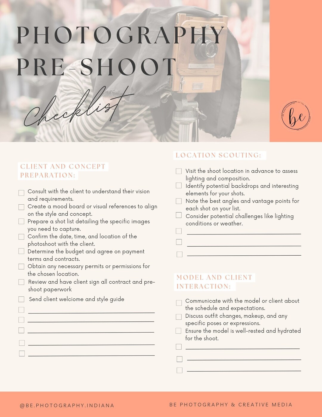 Photographer's Pre Shoot Printable Checklist Digital Product - Etsy