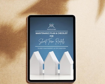 May include: A digital tablet displays a blue graphic with the text "REVENUE RISE" and "MAINTENANCE PLAN & CHECKLIST FOR Short-Term Rentals". Three white house models are at the bottom. The tablet is on a light brown surface with shadow patterns.