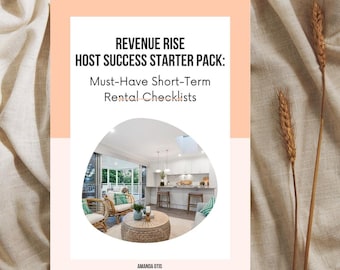 Pode incluir: Um guia imprimível rosa e branco intitulado "Revenue Rise Host Success Starter Pack: Must-Have Short-Term Rental Checklists" com uma foto de um interior moderno de cozinha e sala de estar.