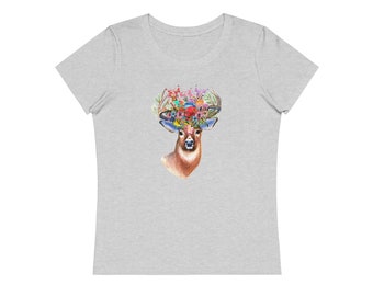 Deer with flowers T-shirt for women, sustainable, made from organic 100% cotton, slim fit, design, deer, flowers