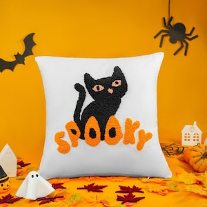 Embroidered Halloween Pillow, Spooky Black Cat, Punch Needle Decor