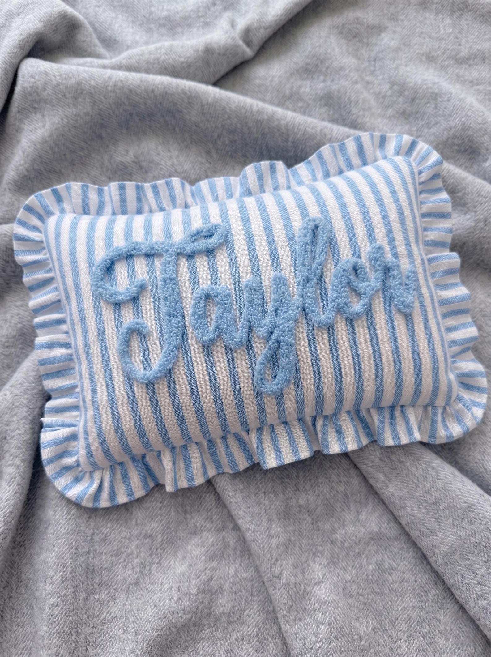 Personalized Striped Ruffled Pillow Cover, Custom Name Embroidery Cushion - Stripe - Baby Blue, With Insert 12x20