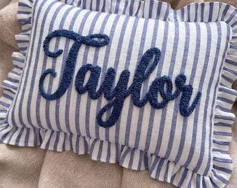 Custom Name Striped Ruffled Punch Needle Pillow, Embroidered Baby Gift