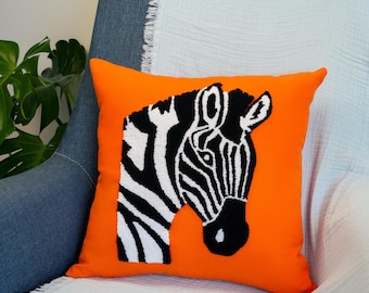 Punch Needle Embroidered Animal Theme Pillow, Jungle Animal Throw Pillow, Safari Nursery Decor, Zebra Pillow Decor, Kids Room Decorations