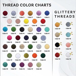 a color chart with various thread colors and glitter threads, providing a visual representation of the different color options available.