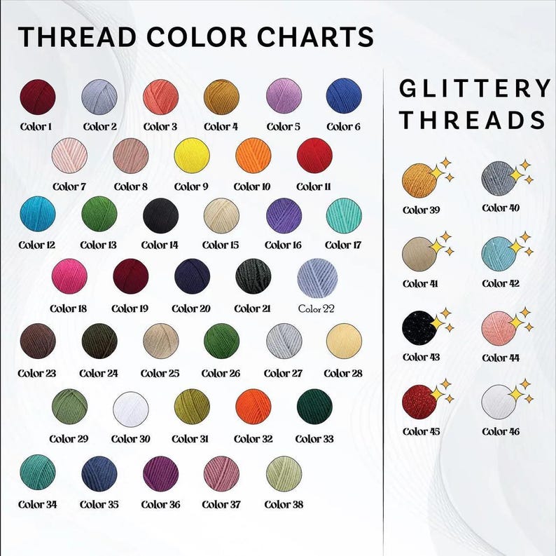 a color chart with various thread colors and glitter threads, providing a visual representation of the different color options available.