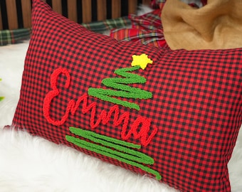 Custom Punch Needle Embroidered Baby Name Ruffle Pillow: First Christmas Nursery Decor