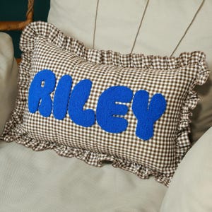 Personalized Punch Needle Baby Name Gingham Ruffle Pillow: Nursery Decor Gift