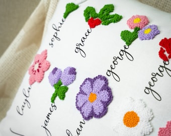 Personlig Punch Needle Flower Kudde, Mormors Trädgård, Anpassade Namn