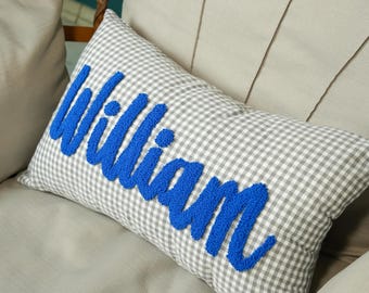 Personalized Gingham Pillow: Punch Needle Embroidered Baby Name Cushion