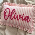 Personalized Striped Ruffled Pillow Cover, Custom Name Embroidery Cushion