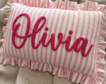 Personalized Striped Ruffled Pillow Cover, Custom Name Embroidery Cushion
