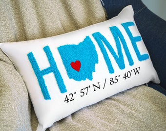 Personalized Housewarming Gift Punch Needle Embroidered Throw Pillow, Custum New Home Couple Gift, Moving Away Gift, Long Distance Love Gift