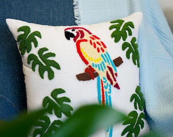 Parrot Pillow Cover, Punch Needle Embroidered, Tropical Decor