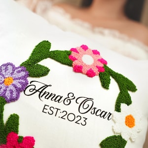 Couple Name Punch Needle Emboridered Pillow Case, Wedding Gift for Bride, Newlywed Gift, Custom Monogrammed Throw Pillow, Personalized Gift