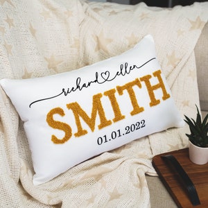 Custom Couple Name Punch Needle Pillow Cover, Anniversary Gift, Wedding Gift, Personalized Couple Throw Pillow, Valentine&#39;s Day Gift Idea