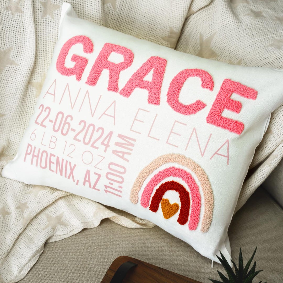 Punch Needle Birth Announcement Pillow Cover, Custom Baby Gift - Etsy