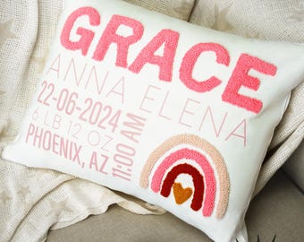Federa per cuscino annuncio nascita Punch Needle, regalo personalizzato per neonati