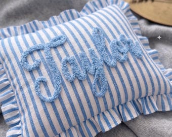 Personalized Punch Needle Baby Name Striped Ruffled Pillow: Nursery Decor Gift