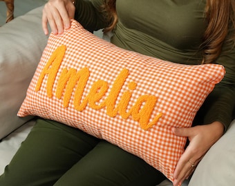 Monogrammed Gingham Ruffle Pillow: Personalized Punch Needle Embroidered Cushion