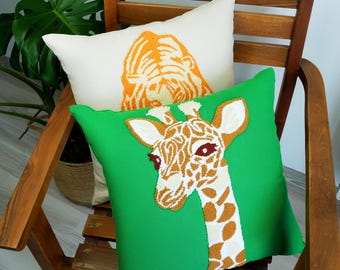 Punch Needle Giraffe Pillow, Safari Nursery Decor