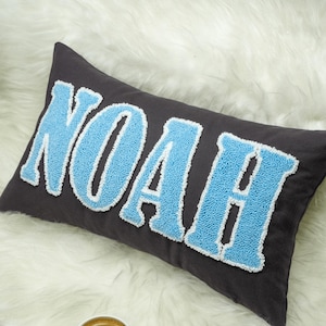 May include: A dark gray rectangular pillow with the name "NOAH" embroidered in light blue, outlined with white. The pillow is placed on a white, fluffy surface.