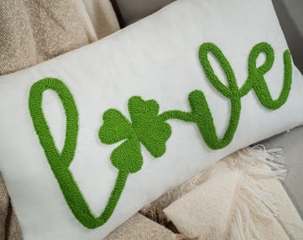 Punch Needle Shamrock Pillow, Embroidered St. Patrick's Day Accent Pillow