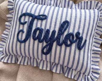 Custom Name Striped Ruffled Punch Needle Pillow, Embroidered Baby Gift