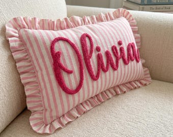 Personalized Striped Ruffled Punch Needle Throw Pillow: Embroidered Name Baby Gift for Nursery
