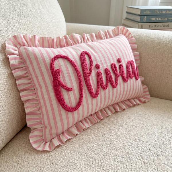 Personalized Striped Ruffled Punch Needle Throw Pillow: Embroidered Name Baby Gift for Nursery